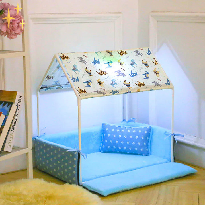 Grey fleece dog bed with a sheltered roof, providing a cozy and secure sleeping space for pets