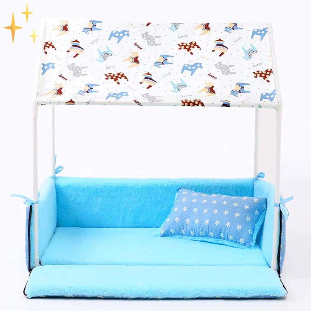 Warm fleece pet bed with roof design, perfect for dogs and cats seeking a cozy, private sleep space