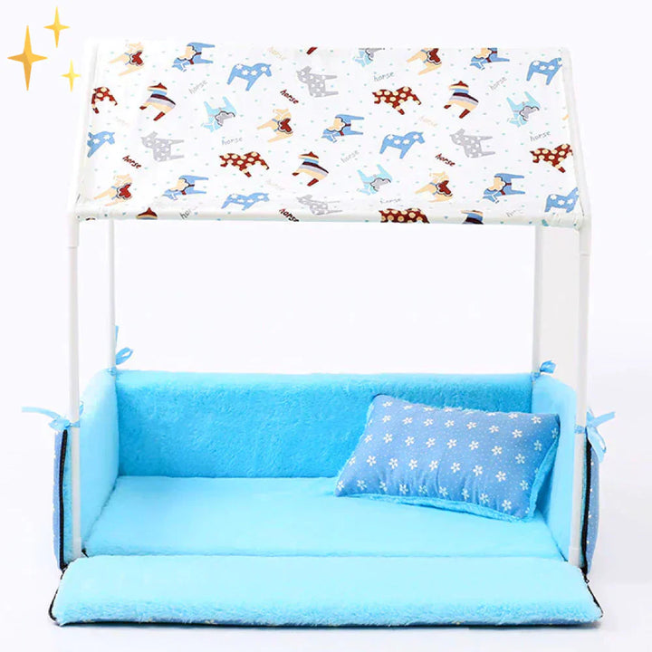 Warm fleece pet bed with roof design, perfect for dogs and cats seeking a cozy, private sleep space