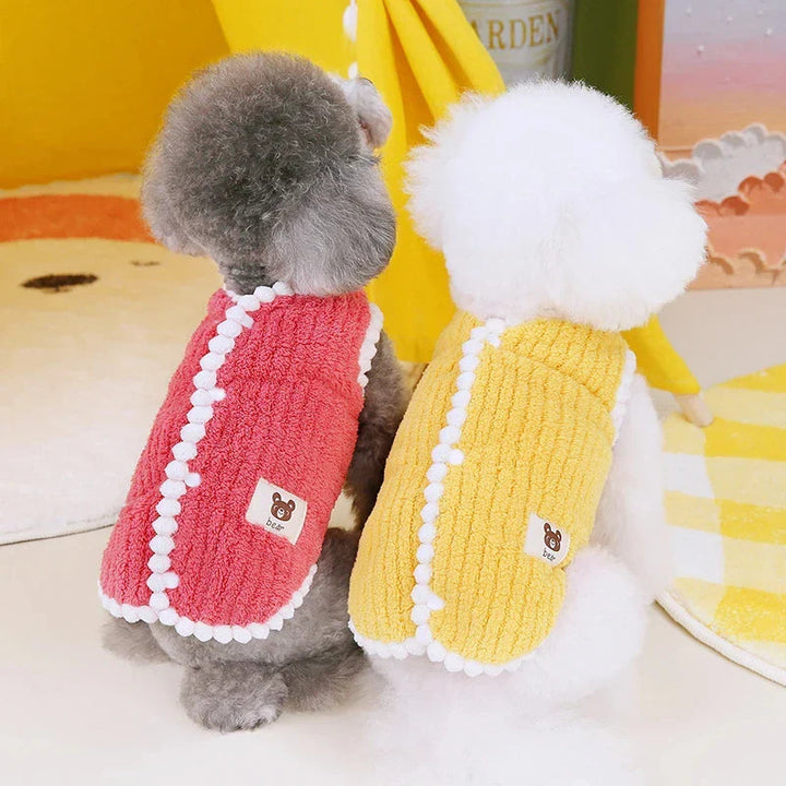 Small dog wearing a cozy pet fleece coat, winter warmth, pet fashion