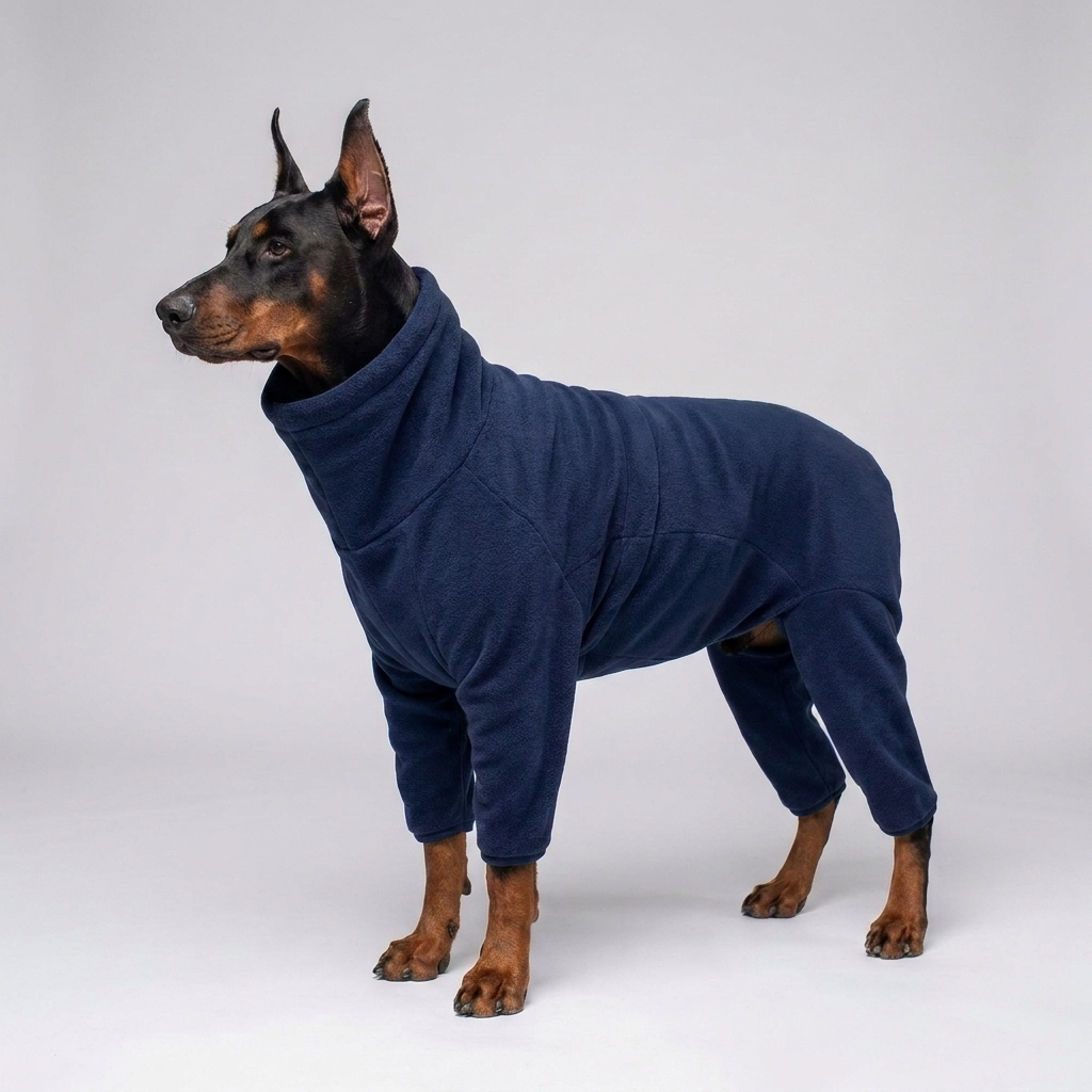 Stylish full-body dog fleece coat. Warm pet apparel for winter, keeping your dog cozy and protected.