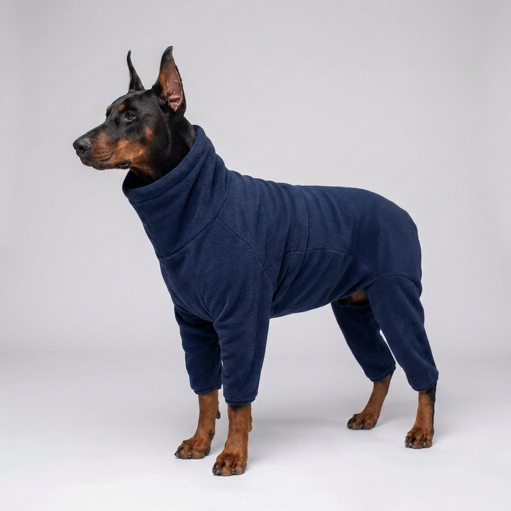Stylish full-body dog fleece coat. Warm pet apparel for winter, keeping your dog cozy and protected.