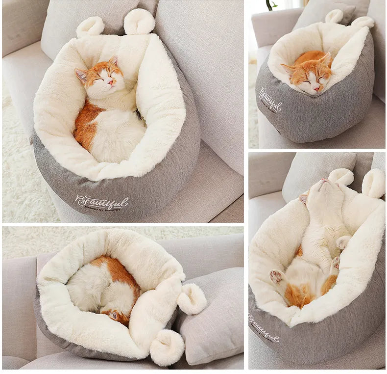 Soft cat bed with unique ear shape, perfect for small dogs too, a comfy pet supply.