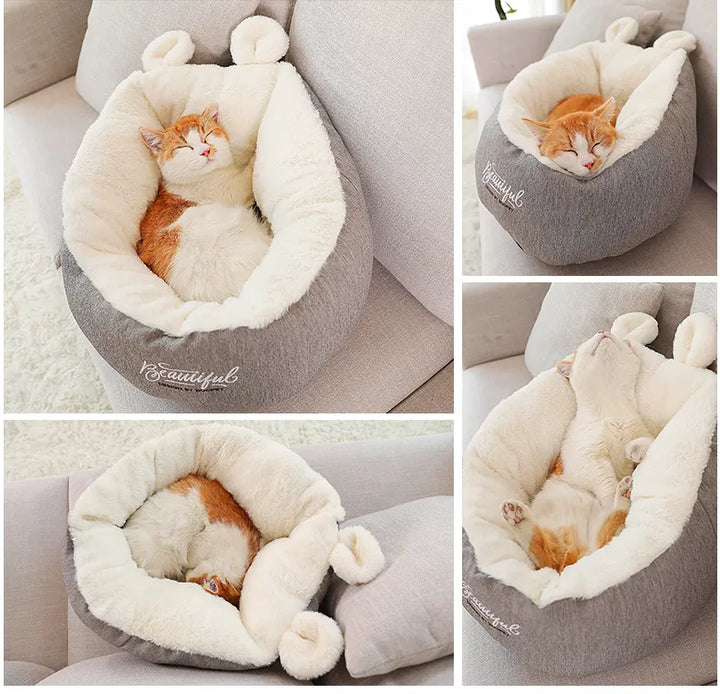 Soft cat bed with unique ear shape, perfect for small dogs too, a comfy pet supply.