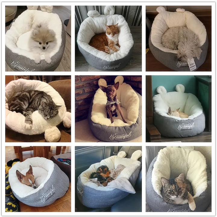 Plush gray pet accessories: ear design pet bed for ultimate cat and small dog comfort.