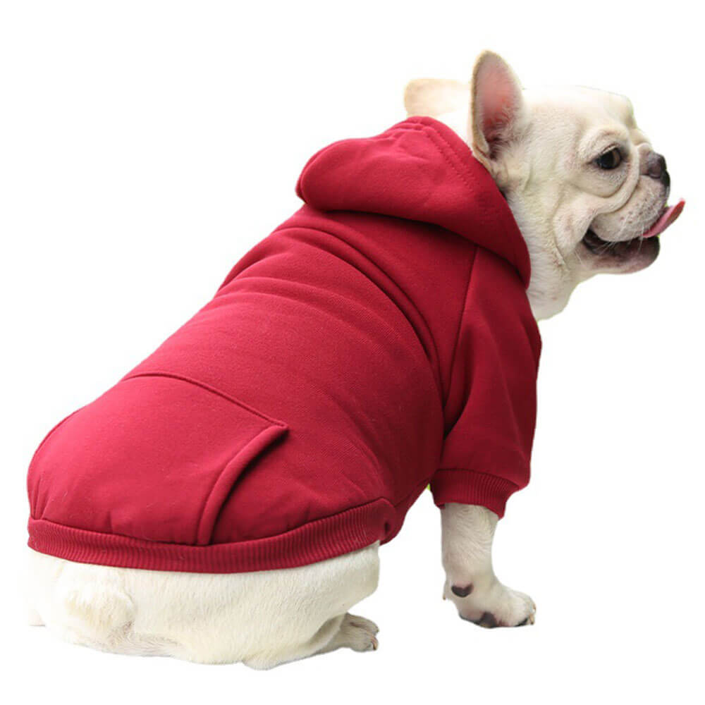 Grey pet hoodie sweatshirt for dogs, showing pocket detail and ribbed cuffs, dog accessories.