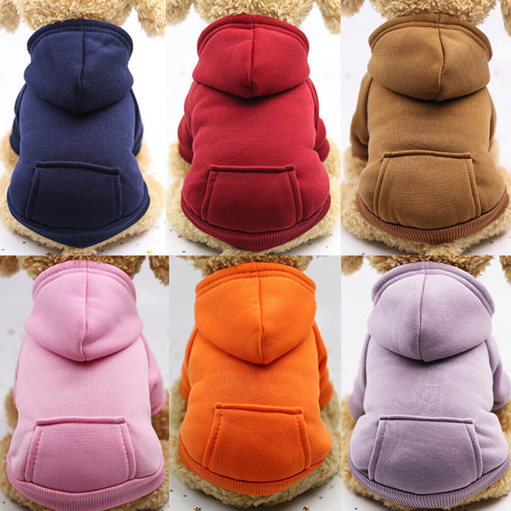 Front view of a purple pet hoodie sweatshirt with pocket, durable dog apparel.