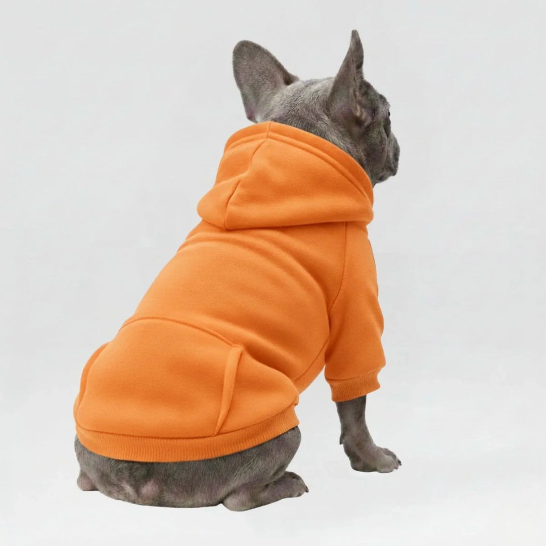 Side view of a black dog hoodie sweatshirt with pocket, suitable for chilly weather.