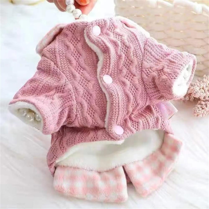 Stylish knitted dog sweater featuring a timeless plaid collar, cozy pet outfit