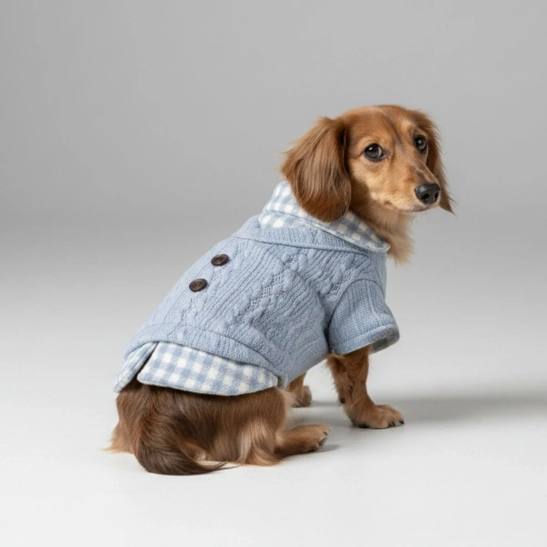 Warm knitted dog sweater with classic red plaid collar, comfortable pet fashion