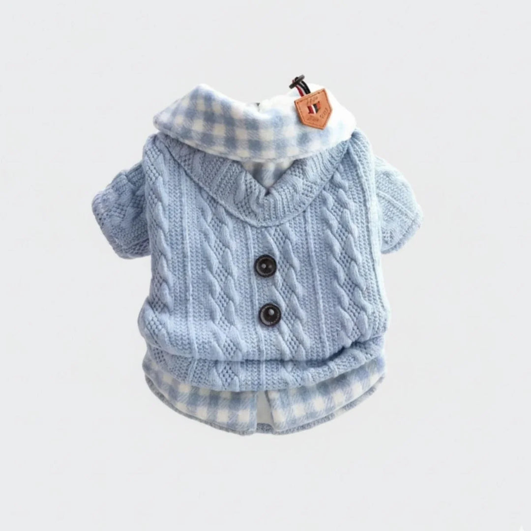 Knitted dog sweater with red plaid collar, ideal for chilly weather, dog apparel