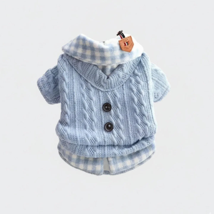 Knitted dog sweater with red plaid collar, ideal for chilly weather, dog apparel
