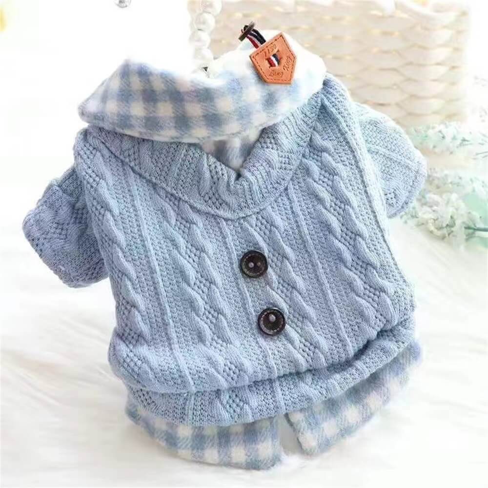 Pet dog sweater, brown knit with contrasting plaid collar, cute and snug