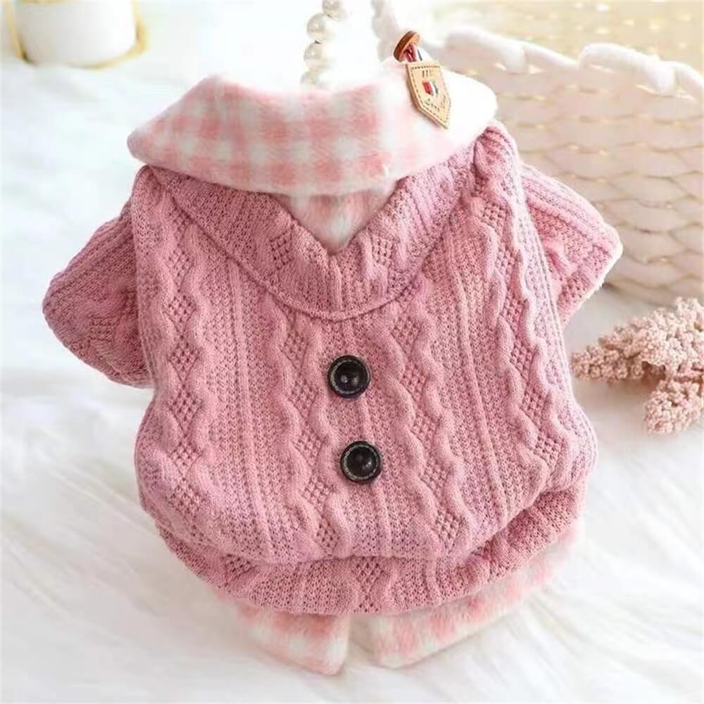 Comfortable knitted dog sweater with plaid collar, perfect for small to medium pets