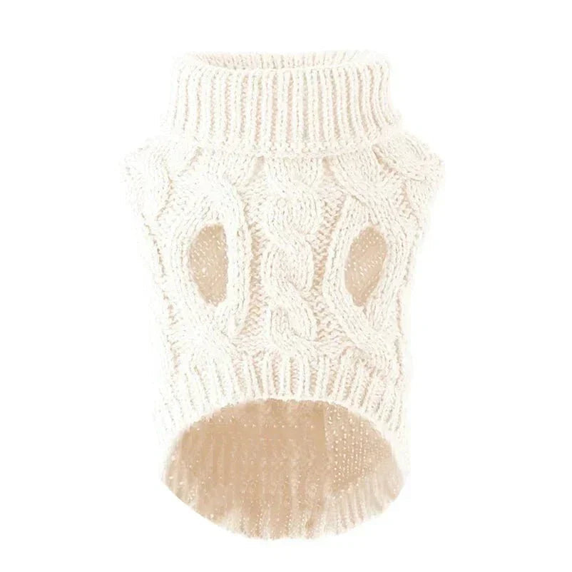 Cozy knitted high-neck dog sweater in cream, perfect for small pets, made from warm, stretchy acrylic.