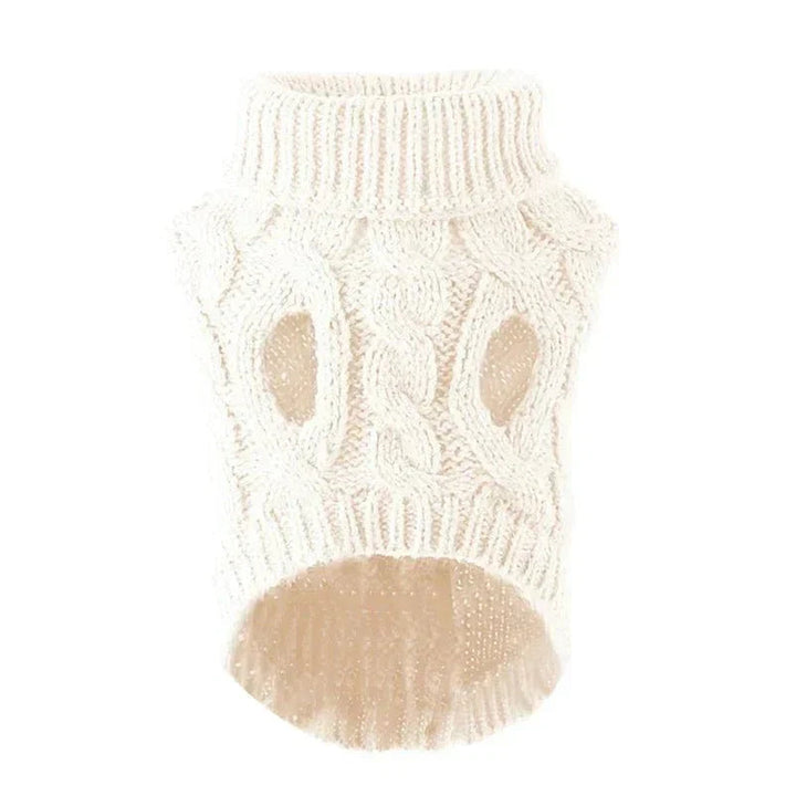 Cozy knitted high-neck dog sweater in cream, perfect for small pets, made from warm, stretchy acrylic.