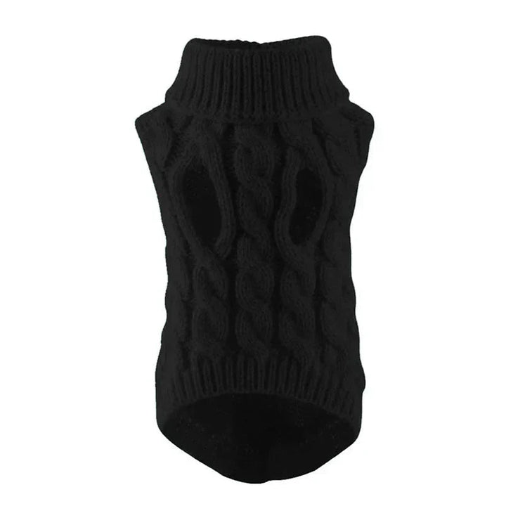 Red knitted dog sweater, folded neatly, highlighting the soft acrylic material and turtleneck design.