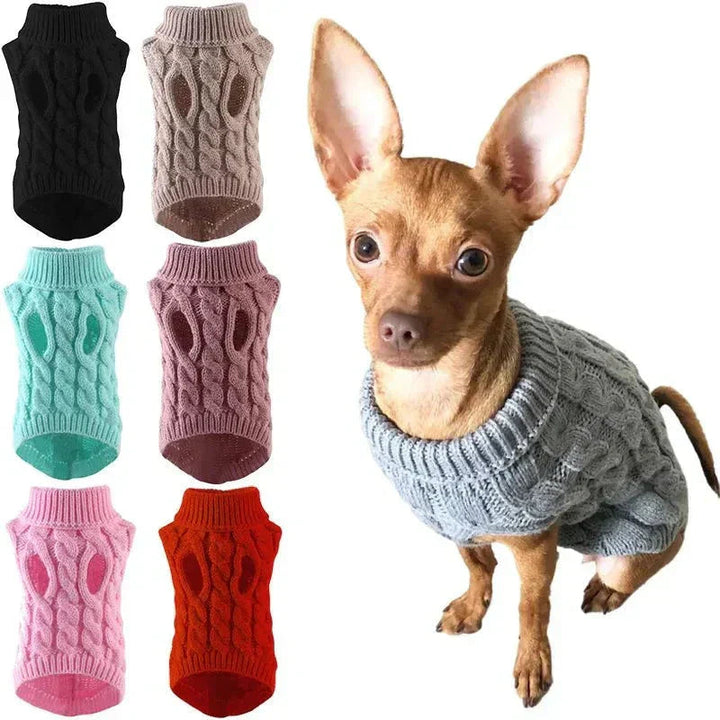 Small dog wearing a red knitted high-neck sweater, showcasing the stretchy, warm acrylic pet clothing.