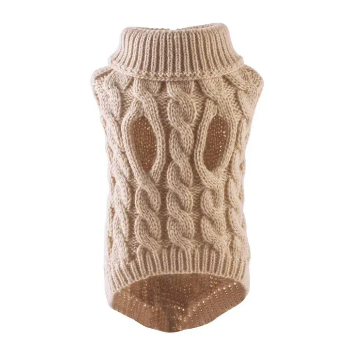 Blue knitted turtleneck dog sweater on a small pug, ideal winter pet wear for comfort and warmth.