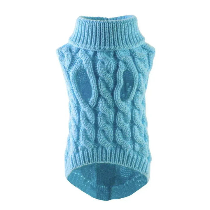 Close-up of the knitted texture on a high-neck pet sweater, emphasizing warm acrylic fabric.