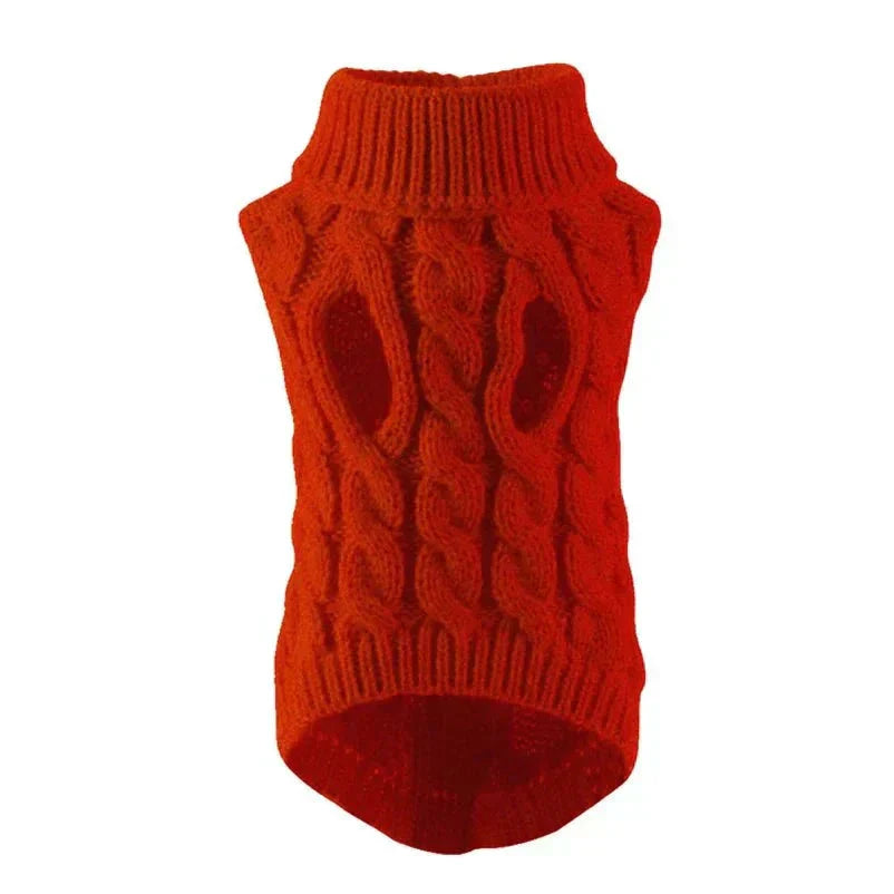 Orange knitted dog sweater with ribbed turtleneck, designed for warmth and stretchy fit for small dogs.