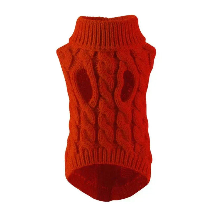 Orange knitted dog sweater with ribbed turtleneck, designed for warmth and stretchy fit for small dogs.