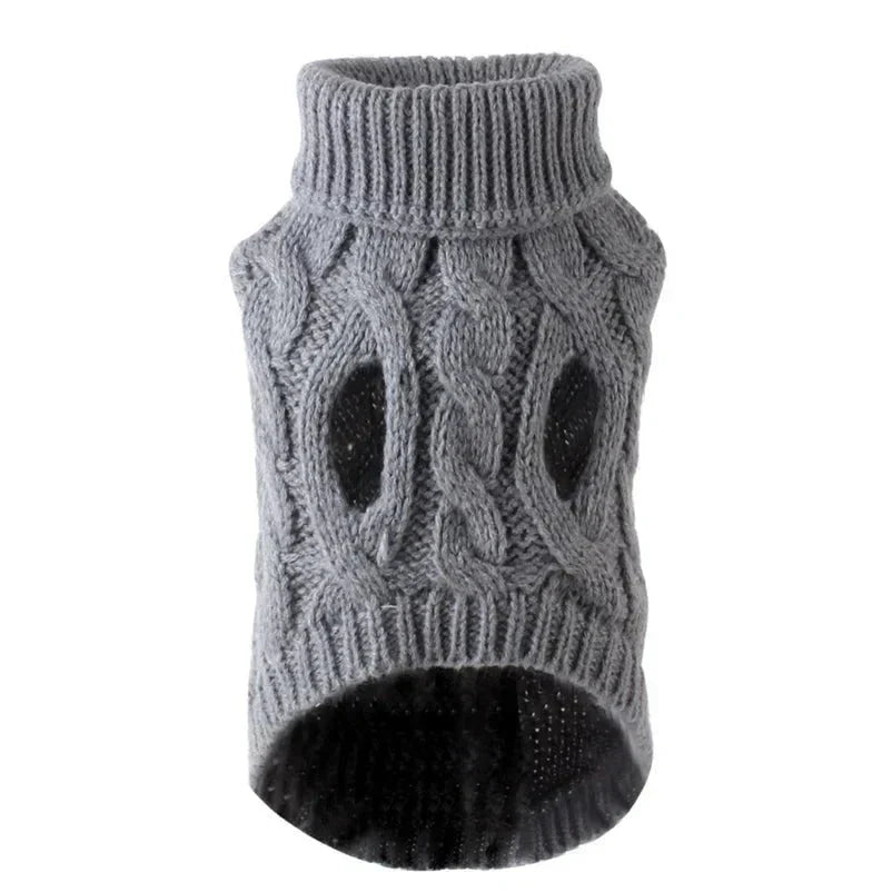 Side view of a small dog in a vibrant green knitted high-neck sweater, warm and comfortable winter pet wear.