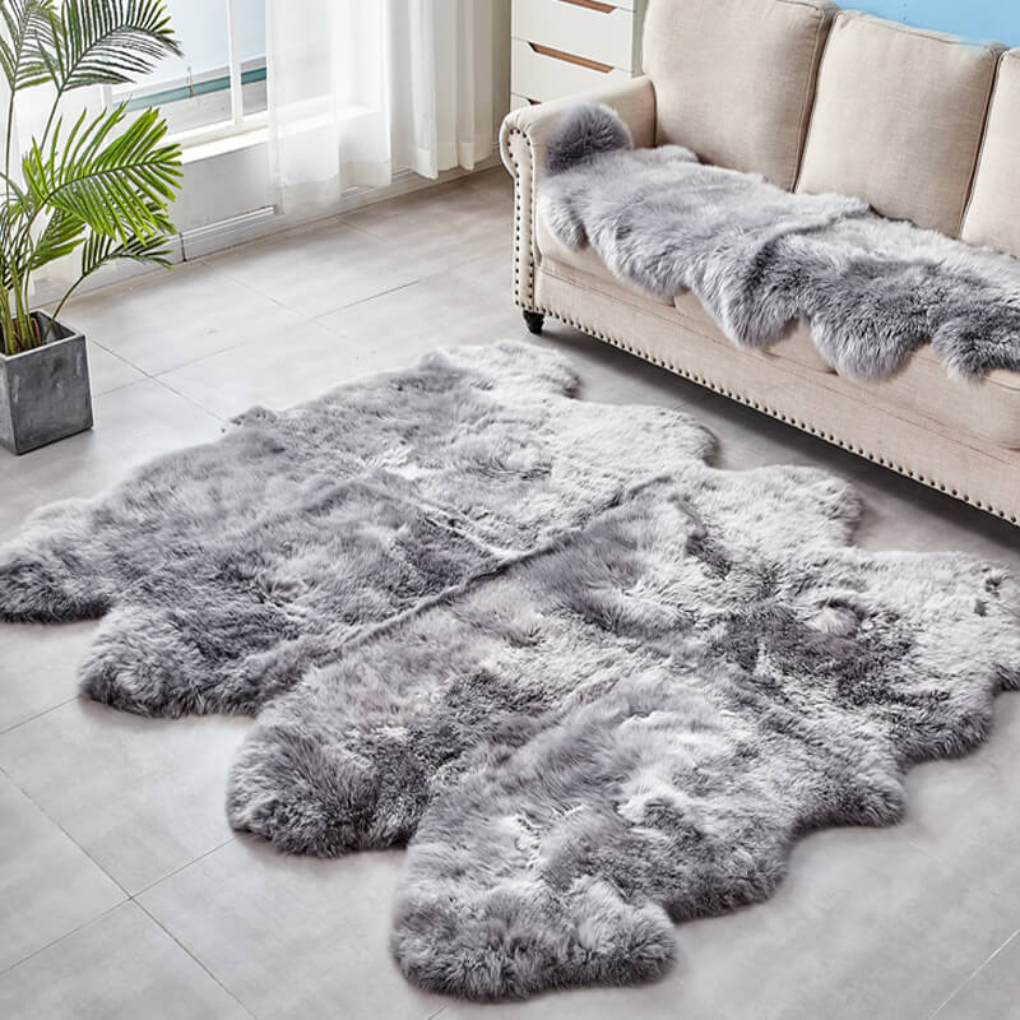 Elegant faux fur area rug with a deep long pile, enhancing any bedroom or living room