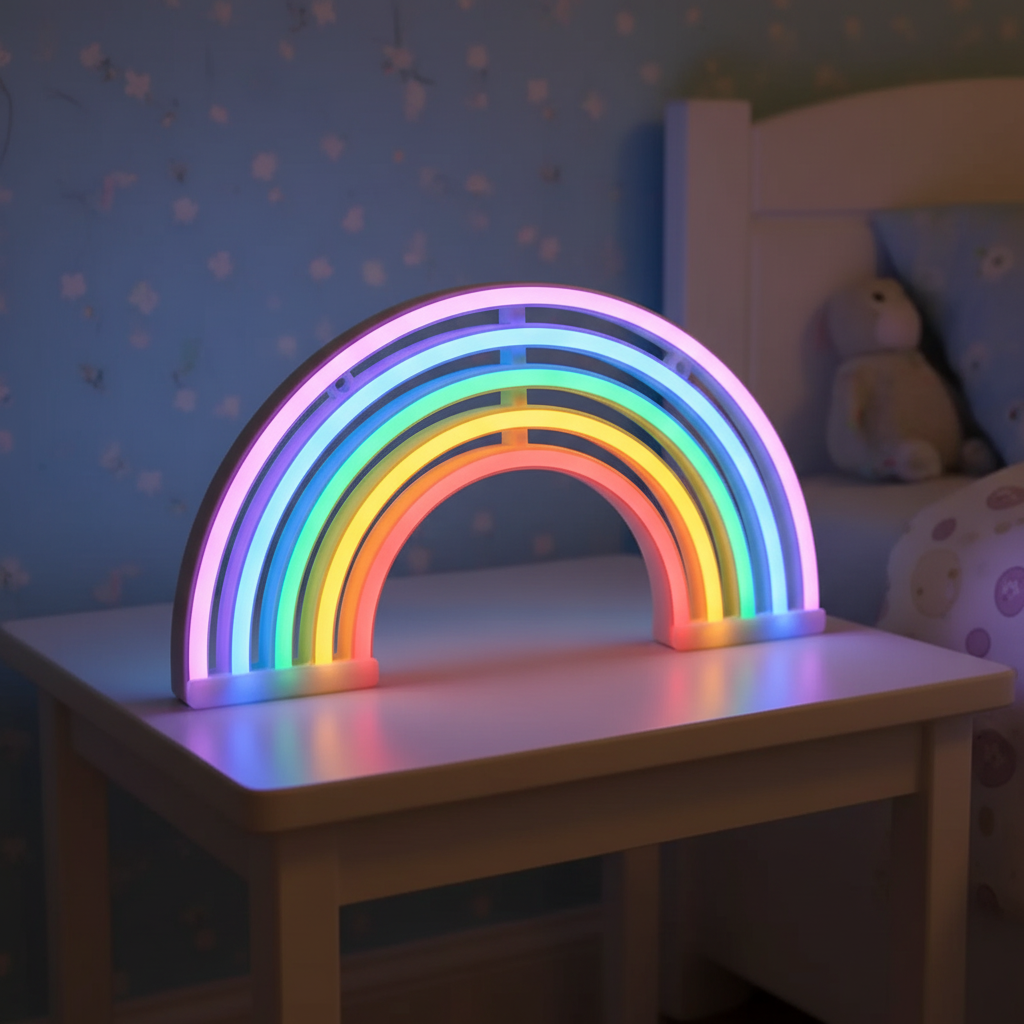 Cozy LumiRainbow LED table lamp for relaxing ambiance. Ideal rainbow lamp for bedroom lighting & nursery night light.