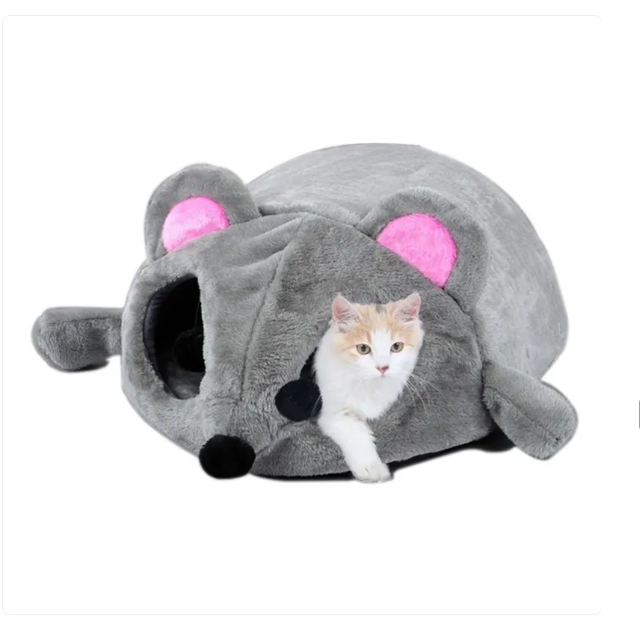 Cozy mouse-shaped cat sleeping cave for pets, soft plush bed for cats to relax