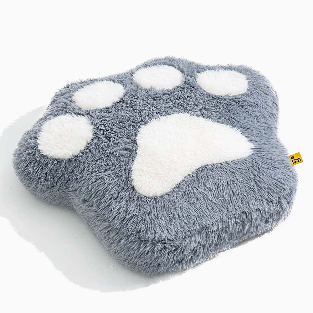 Luxurious fluffy pet bed with paw detail, offering a cozy and non-slip haven for anxiety relief.