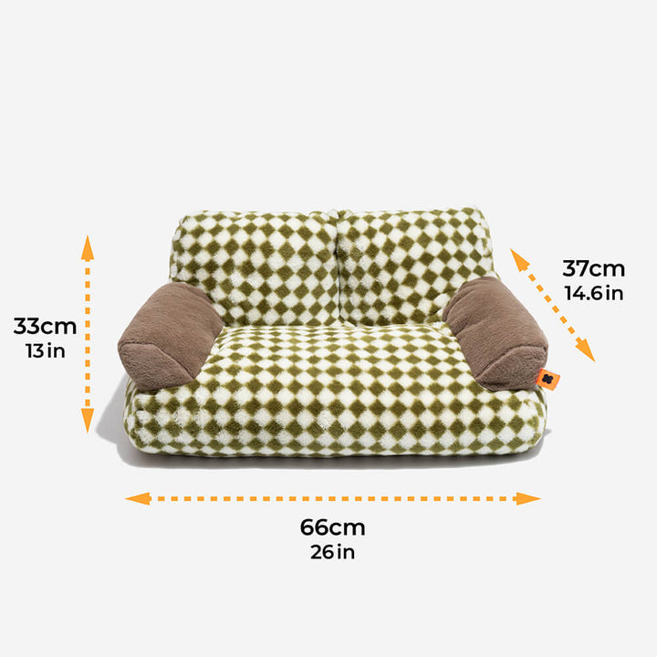 Close-up of diamond pattern on cozy pet sofa bed, soft and inviting for small pets