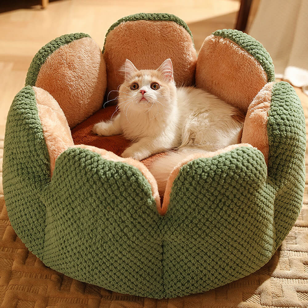 Cozy pet bed with plush interior & unique green cactus design, ideal for cats & small dogs
