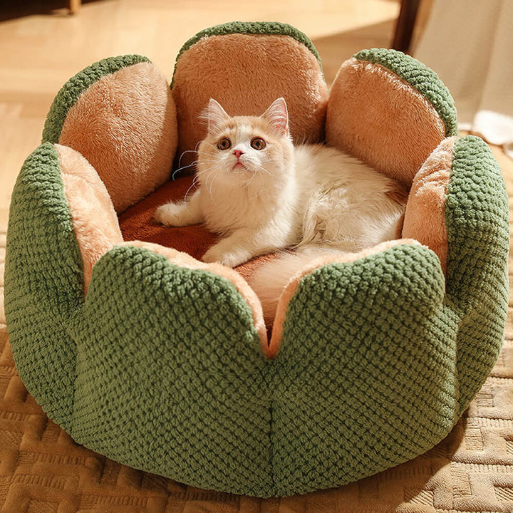 Cozy pet bed with plush interior & unique green cactus design, ideal for cats & small dogs
