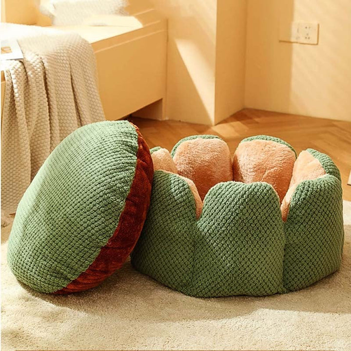 Enclosed cat bed in a warm, soft fabric with an eye-catching cactus pattern for comfort