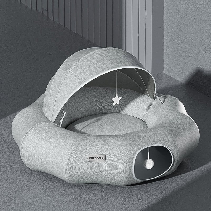 Comfortable pet house for cats & small dogs featuring a removable top and builtin play toy.