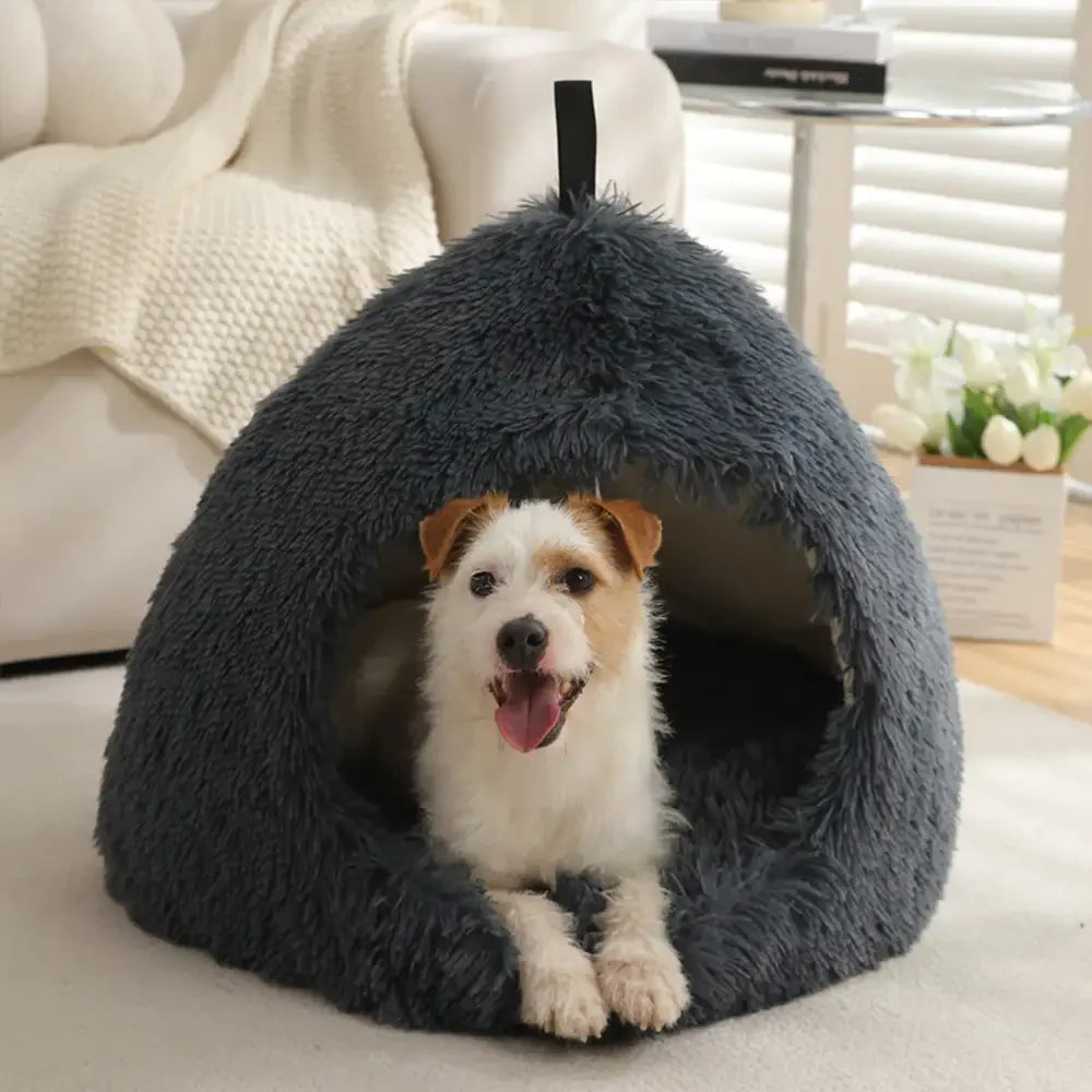 Cozy pet cave bed for cats and small dogs, plush gray, great for anxiety relief