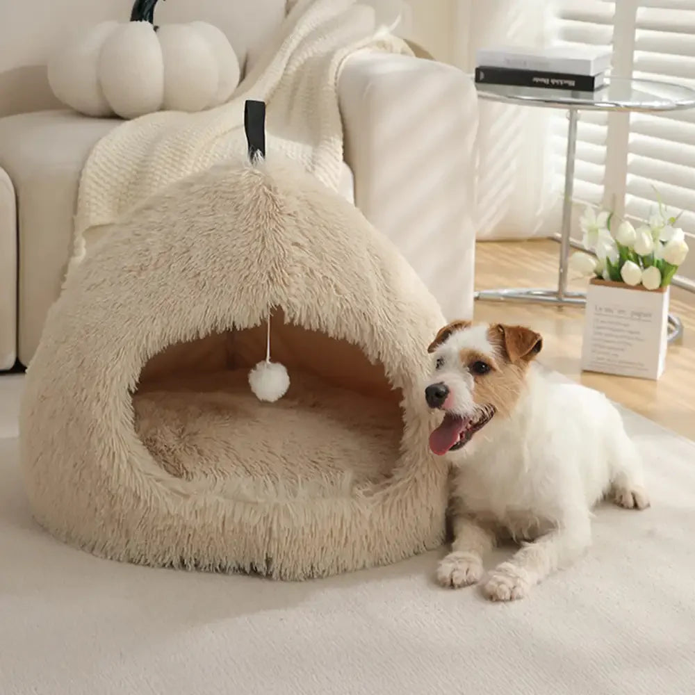 Anxiety relief dog bed in a cozy cave design, plush fabric, for small breeds