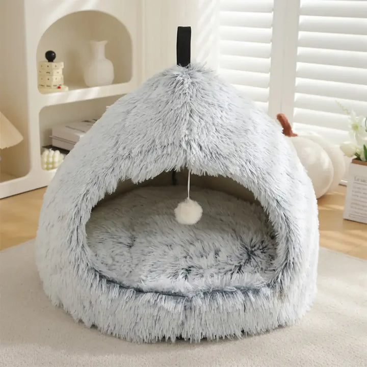 Washable cat cave bed, soft gray plush, perfect for a pet's cozy hideaway
