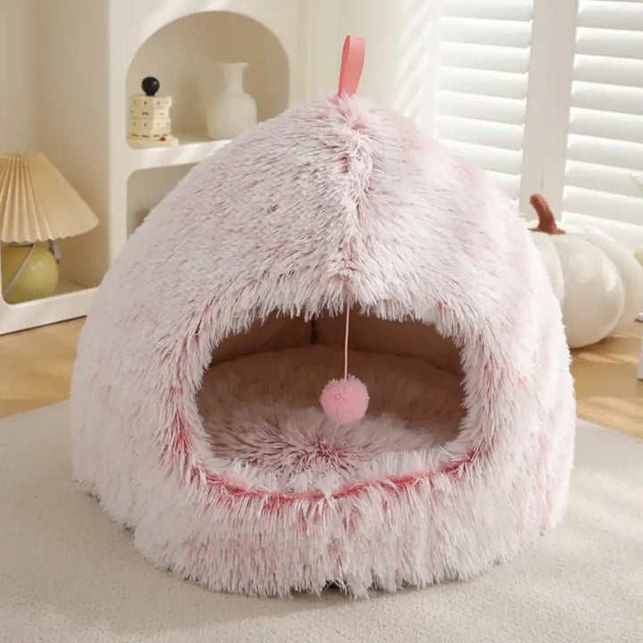 Small pet bed, cave style, plush and warm, an ideal hideaway solution