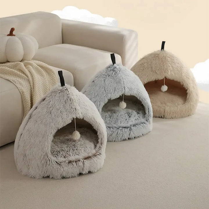 Plush dog bed cave for small dogs, dark gray, offering anxiety relief & comfort