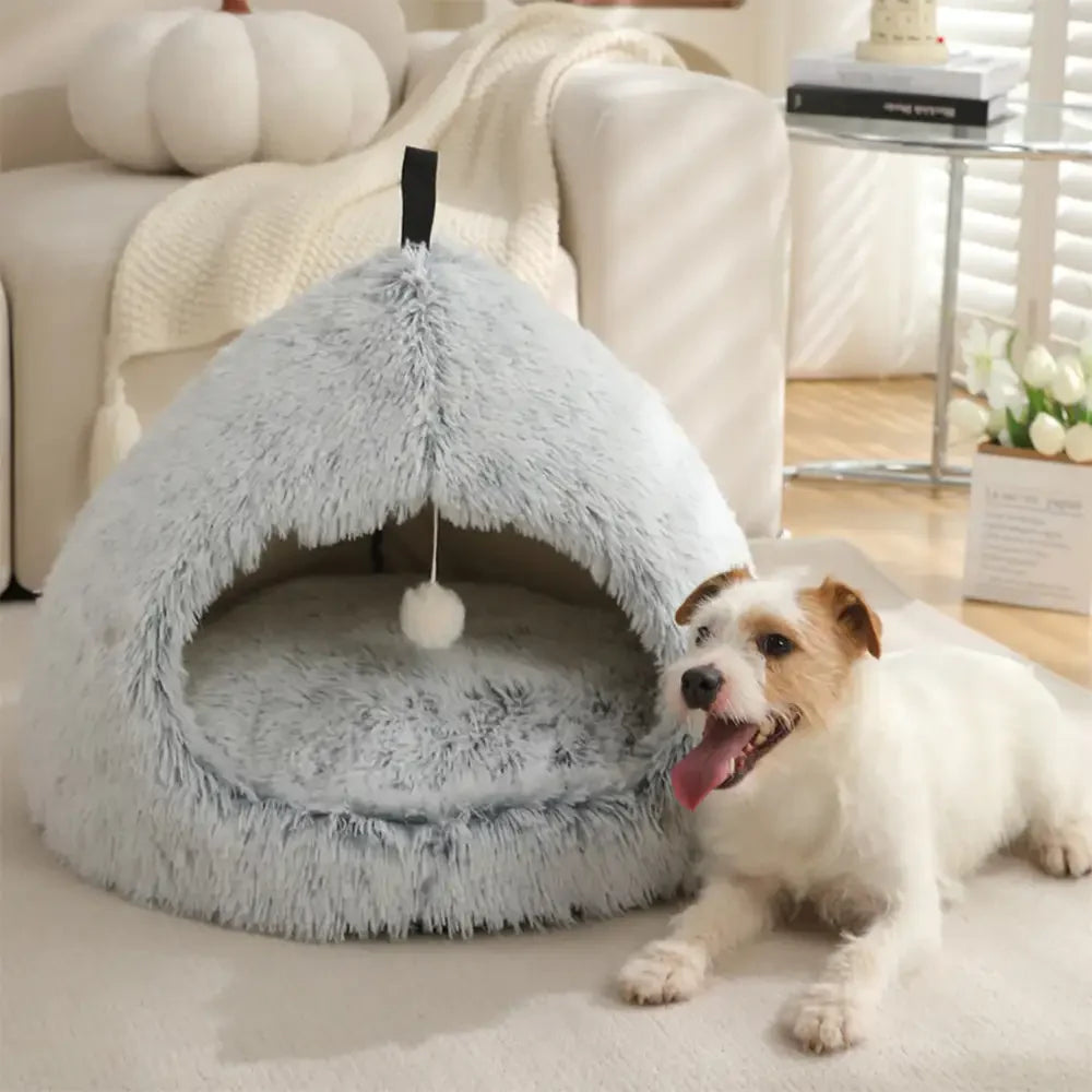 Cozy hideaway pet bed, gray plush, ideal for cats and small dogs to relax