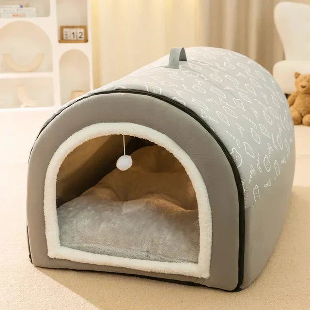 Cozy pet cave bed with adorable print, perfect enclosed den for small dogs, cats, and small animals. Washable comfy sanctuary.