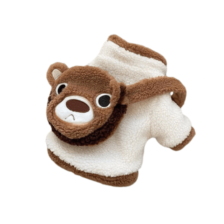 Cozy pet dog hoodie with bear design mini bag, features warm fleece lining, perfect for small dogs.