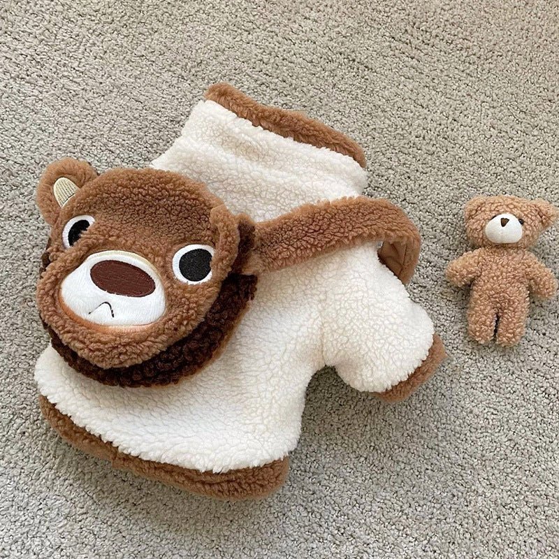 Winter pet fashion: cozy pet hoodie for dogs, includes cute bear design bag, ideal for cold weather.