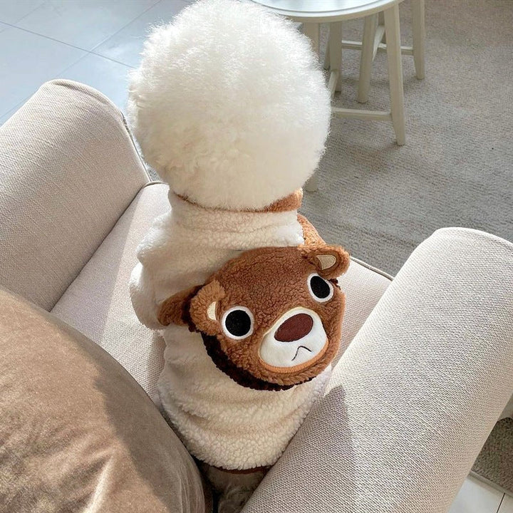 Pet fashion dog hoodie, cozy and warm, featuring a unique bear design pouch, suitable for chilly days.