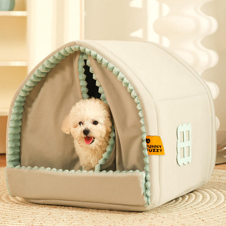 Cozy pet house with double curtains for stress relief, ideal dog or cat bed, washable comfort