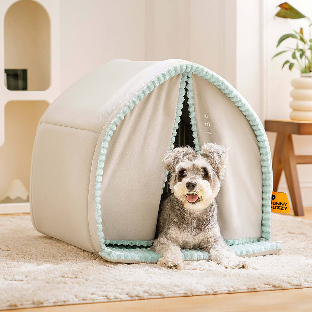 Anxiety-reducing enclosed pet house with double curtains, a cozy and washable bed for pets