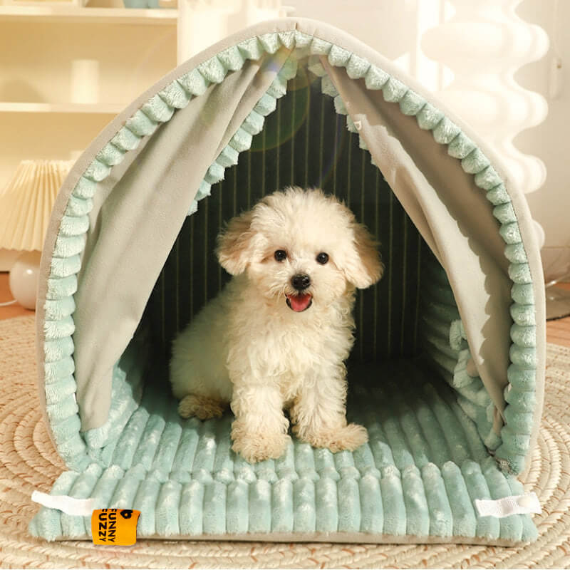 Enclosed pet house for small dogs & cats, featuring double curtains for privacy & comfort