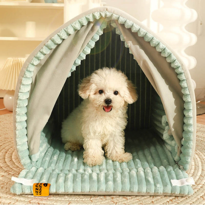 Enclosed pet house for small dogs & cats, featuring double curtains for privacy & comfort